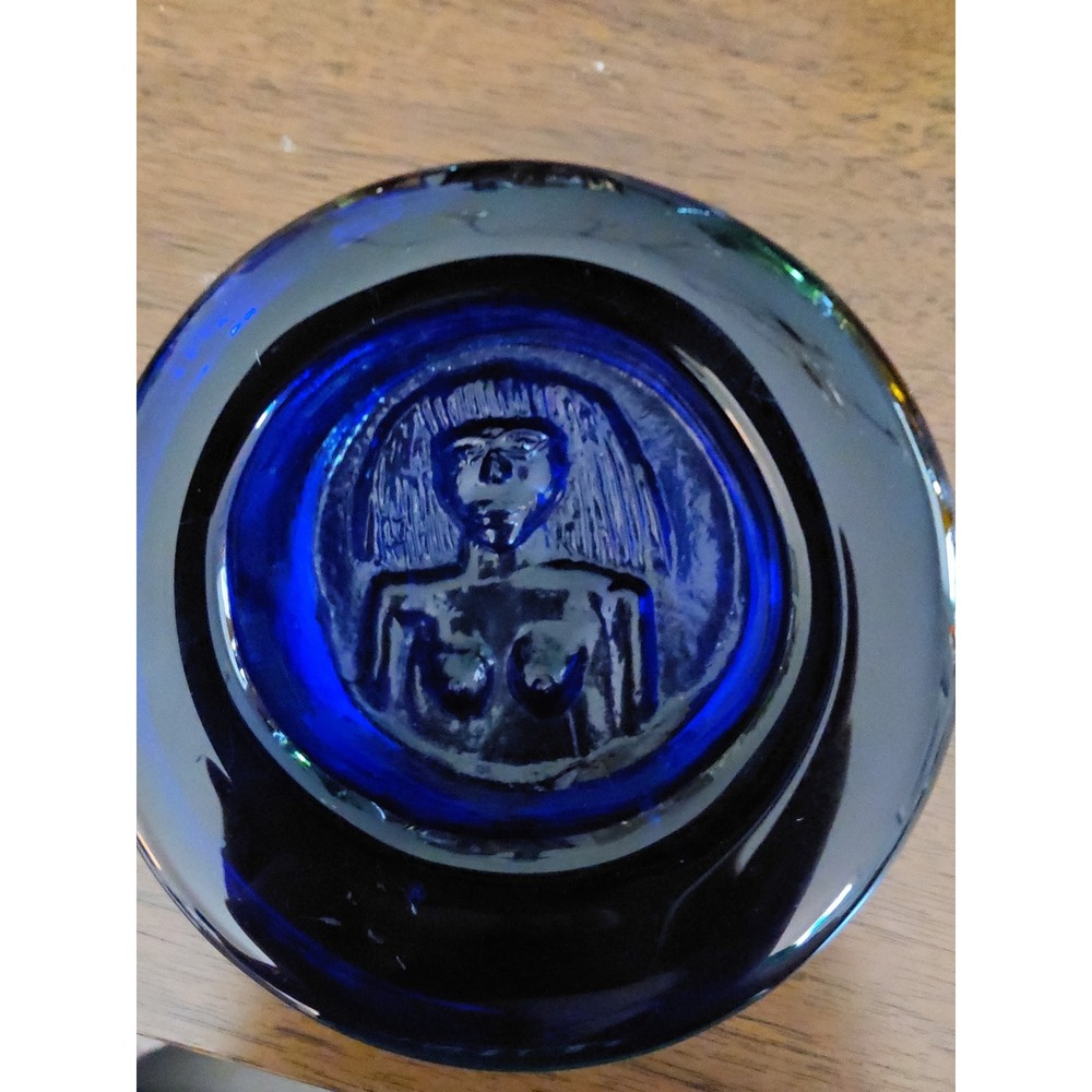 VTG Erik Höglund Boda Cobalt Blue Glass Nude Woman Paperweight Dish Sweden MCM